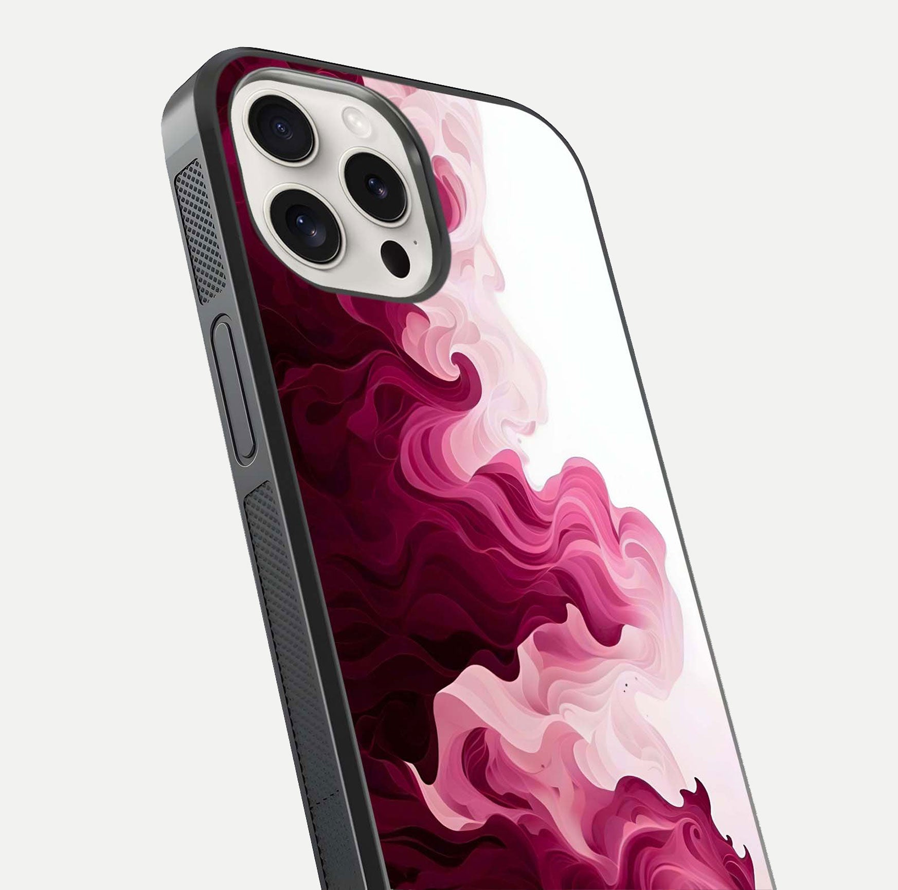 Crimson Wave Flow Glass Case for iPhone 15 Pro Max close-up highlighting flow texture and reflection tone