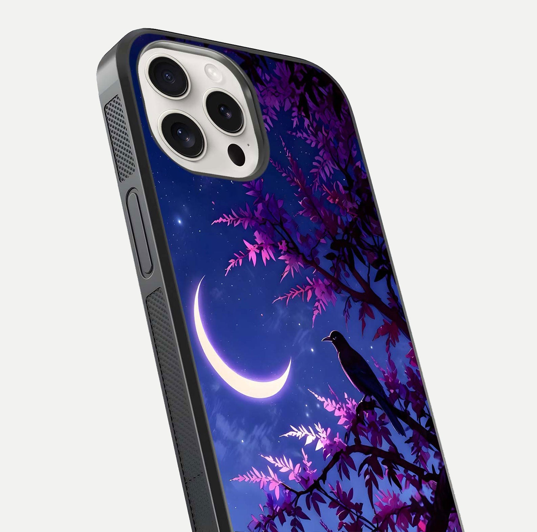 Crow & Moon Scenery Glass Case for iPhone 15 Pro Max close-up highlighting moon detail, dark tones, and glass reflection