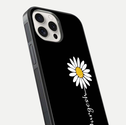 Custom Name White Flower Glass Case for iPhone 15 Pro Max close-up highlighting petals, name print, and reflection polish