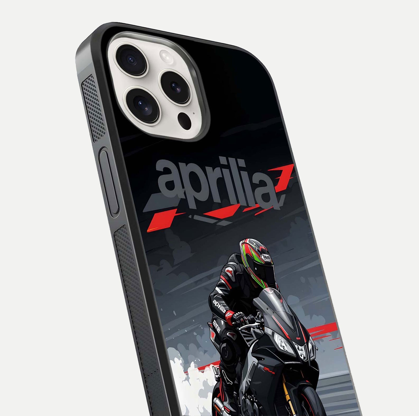 Dark Aprilla Glass Case for iPhone 15 Pro Max close-up highlighting detailing and reflection effect