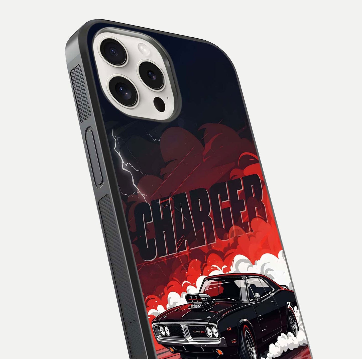 Dark Charger Fury Glass Case for iPhone 15 Pro Max close-up highlighting car reflection and light gloss