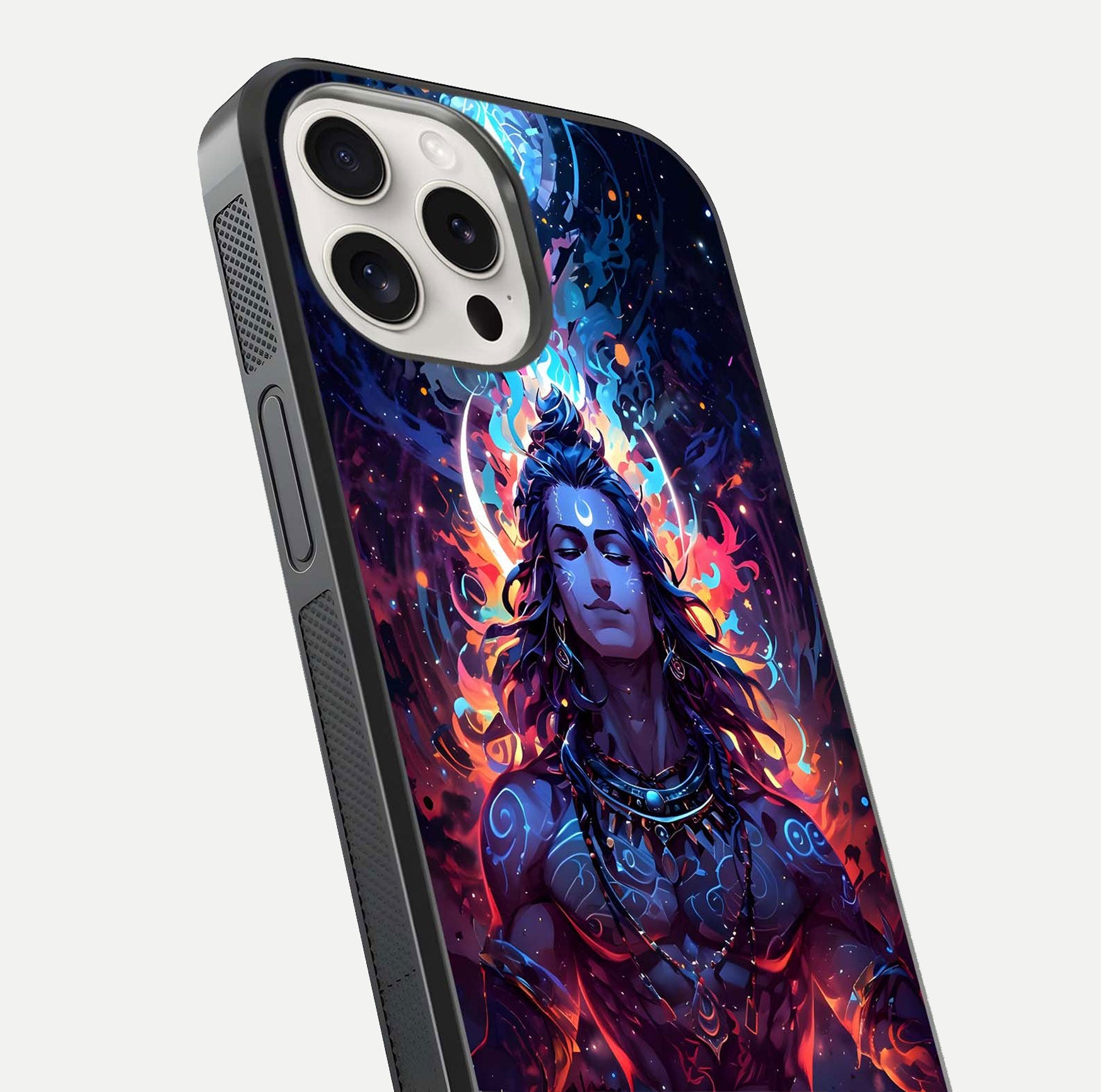 Divine Fire Shiv Glass Case for iPhone 15 Pro Max close-up highlighting divine detailing and reflection depth