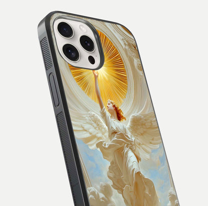 Divine Light Angel Glass Case for iPhone 15 Pro Max close-up highlighting light rays and glass reflection