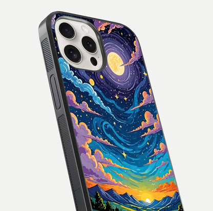 Dreamy Night Landscape Glass Case for iPhone 15 Pro Max close-up highlighting stars and reflection tone