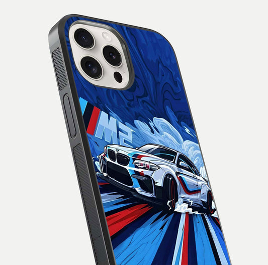 Drift Power Rush Glass Case for iPhone 15 Pro Max close-up highlighting car reflection and metallic tones