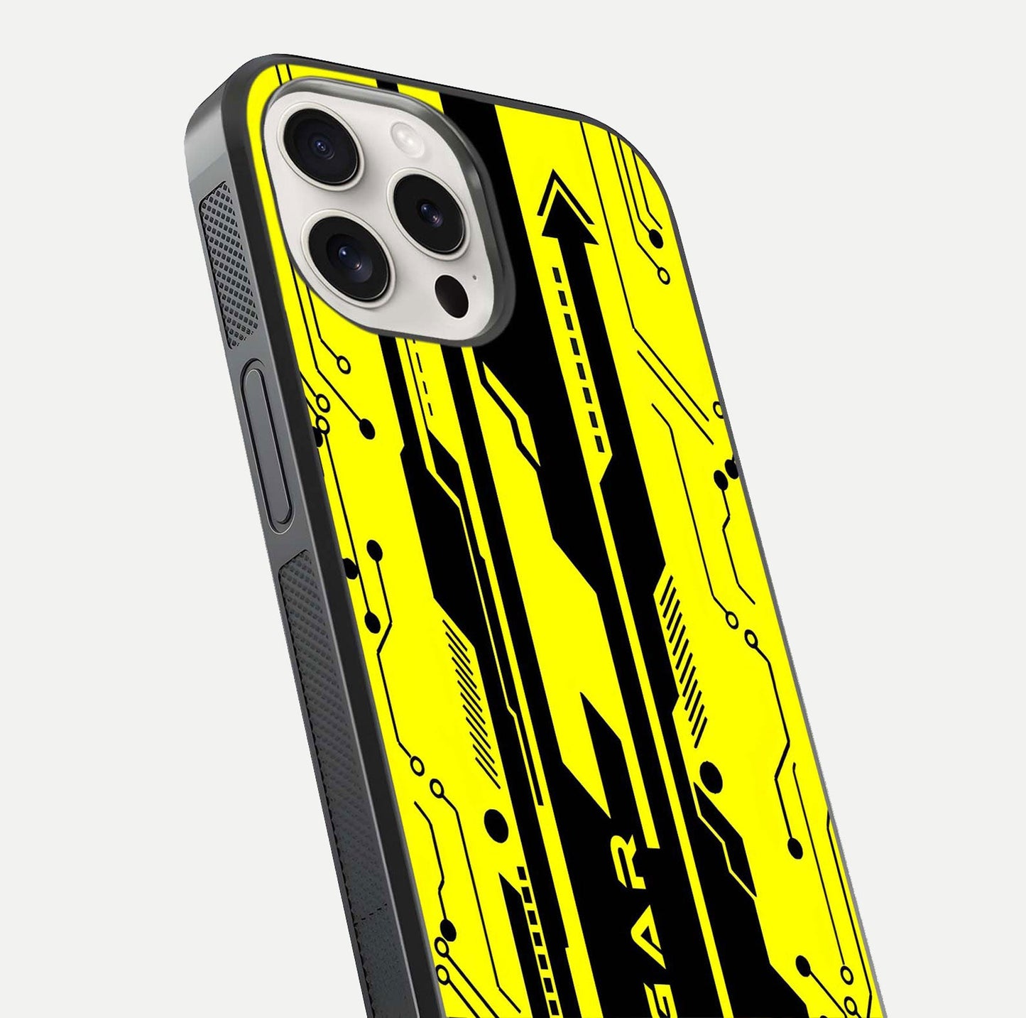 Electric Pulse CYBERPUNK Custom Name Glass Case for iPhone 15 Pro Max close-up highlighting tech pattern, lighting effect, and reflection shine