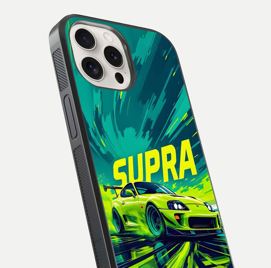 Electric Supra Thunder Glass Case for iPhone 15 Pro Max close-up highlighting car reflection, neon tones, and gloss polish