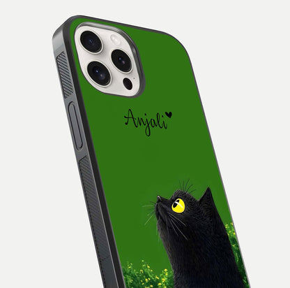 Emerald Cat Custom Name Glass Case for iPhone 15 Pro Max close-up highlighting feline detail, emerald hues, and reflection polish