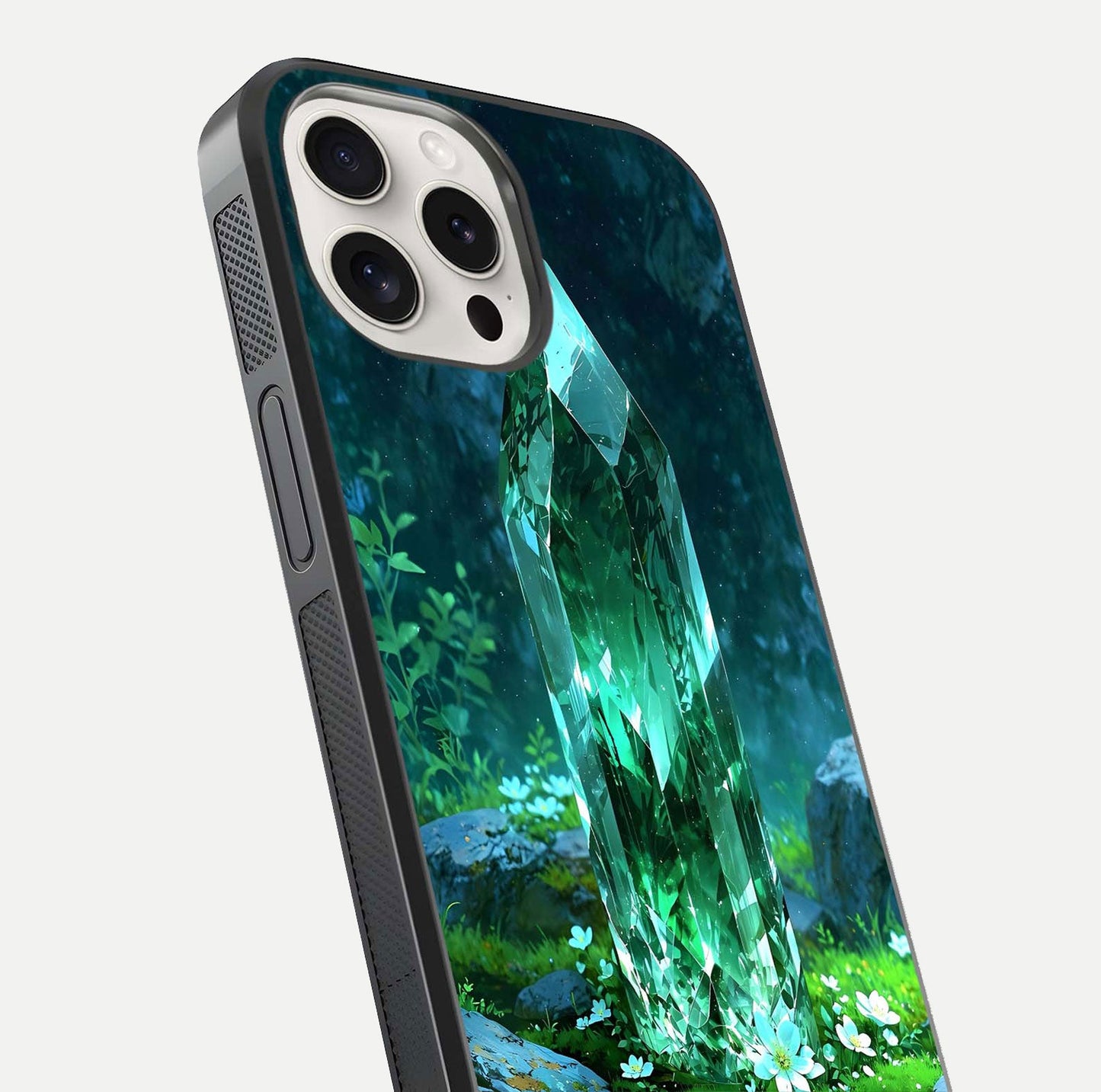 Emerald Light Crystal Glass Case for iPhone 15 Pro Max close-up highlighting crystal texture and reflection glow