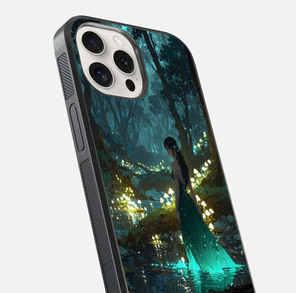 Enchanted Forest Glow Glass Case for iPhone 15 Pro Max close-up highlighting trees, lights, and reflection texture