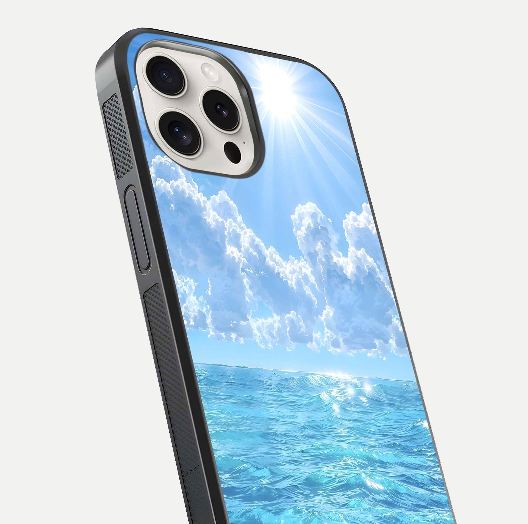 Endless Ocean Horizon Glass Case for iPhone 15 Pro Max close-up highlighting water texture and reflection shine
