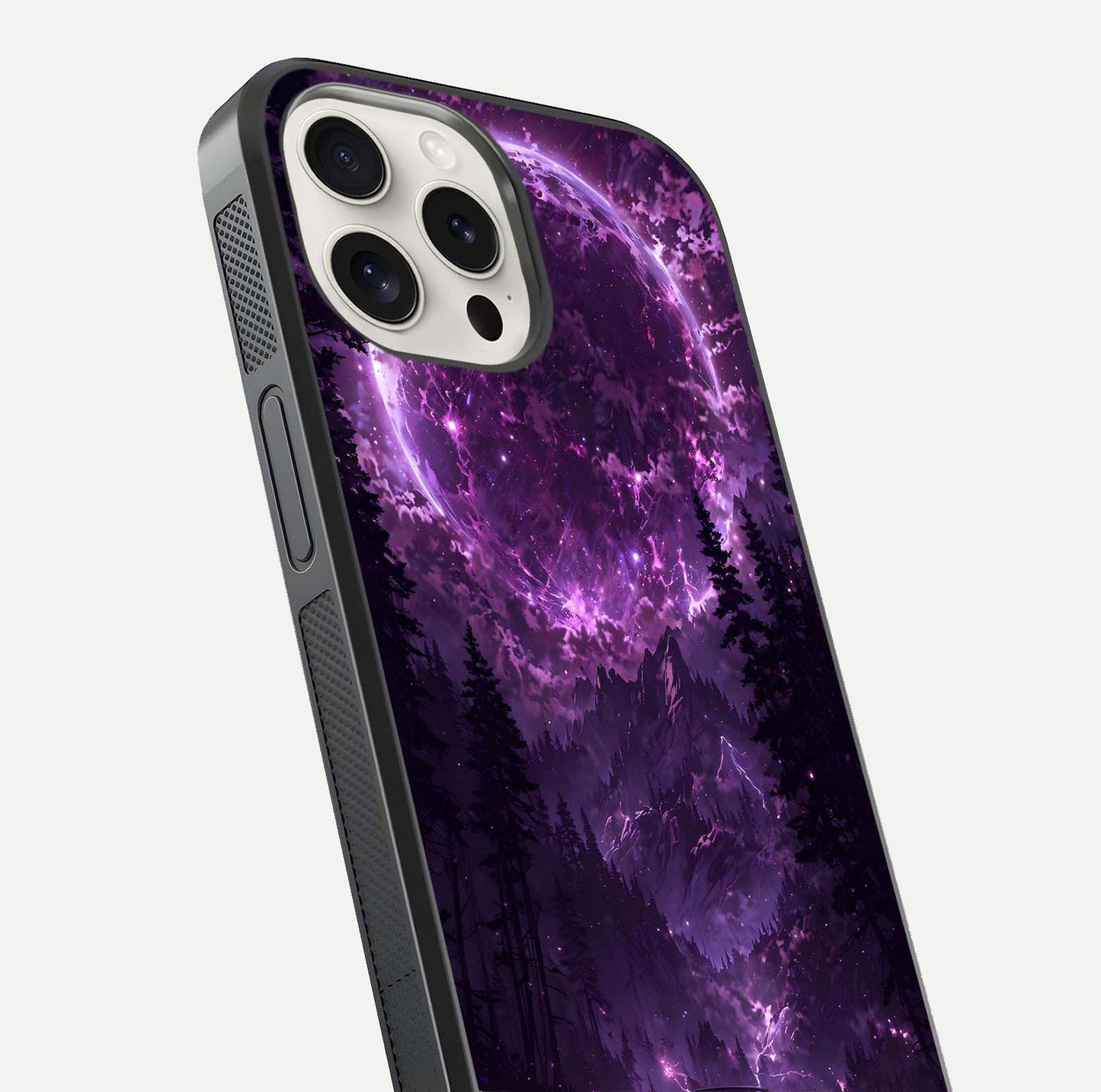 Eternal Cosmic Drive Glass Case for iPhone 15 Pro Max close-up highlighting cosmic lights and reflection depth
