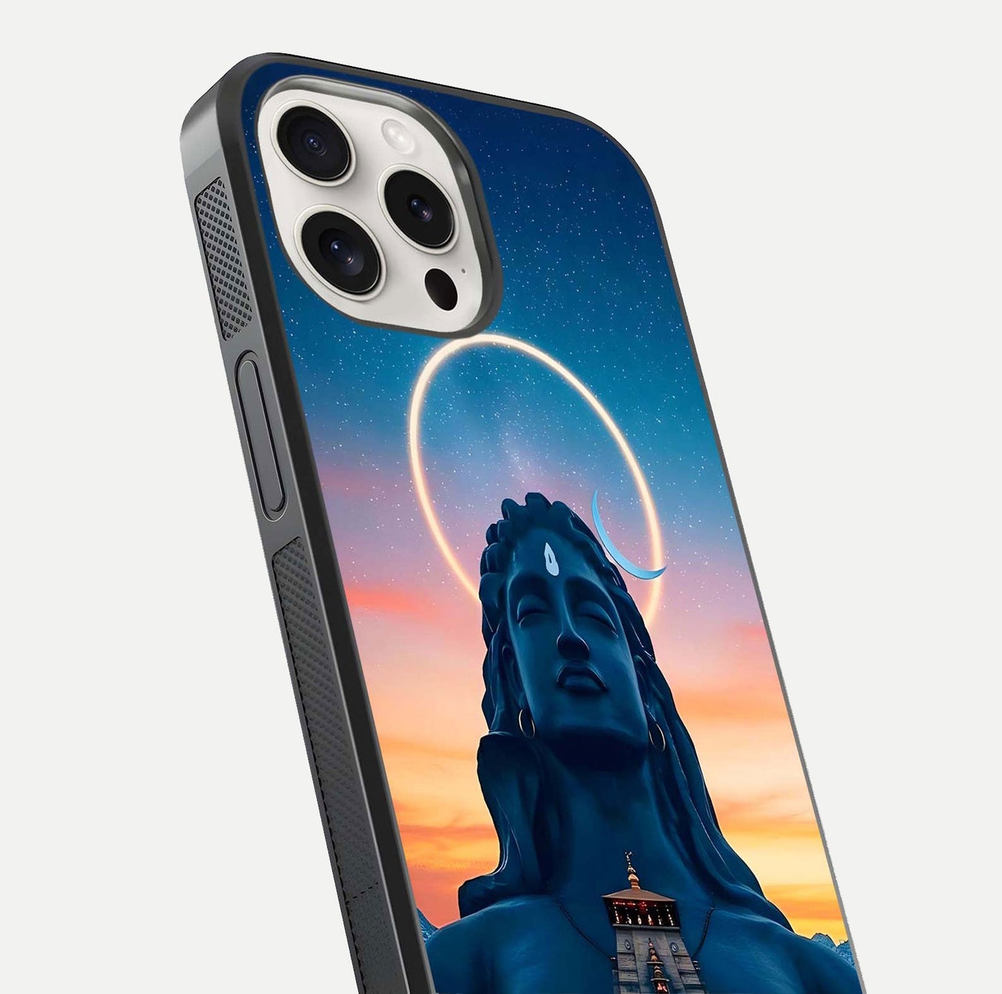 Eternal Shiva Aura Glass Case for iPhone 15 Pro Max close-up highlighting divine detailing and reflection light