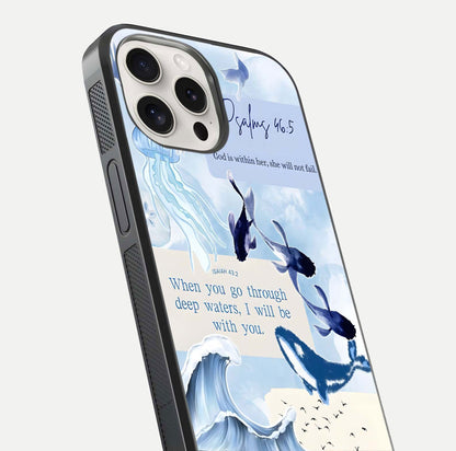 Faithful Ocean Promise Glass Case for iPhone 15 Pro Max close-up highlighting water reflection and serene blue tones