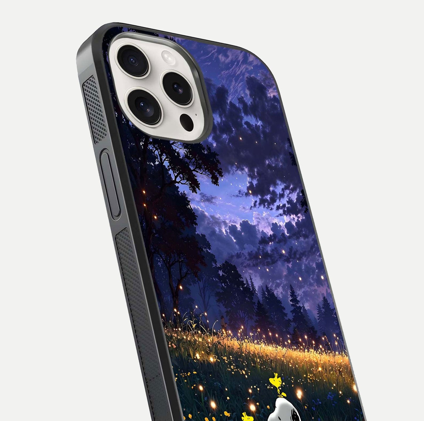 Firefly Meadow Magic Glass Case for iPhone 15 Pro Max close-up highlighting luminous firefly light and reflection detail