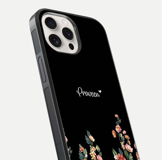 Floral Design Personalized Custom Name Glass Case for iPhone 15 Pro Max close-up highlighting name clarity, petals, and gloss