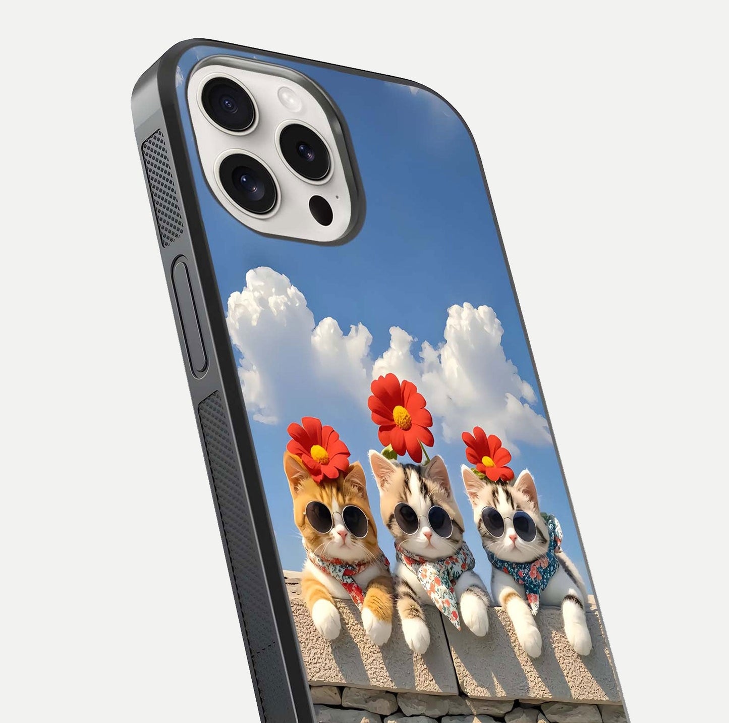 Floral Kitty Squad Glass Case for iPhone 15 Pro Max close-up highlighting cat detail and flower patterns with HD shine