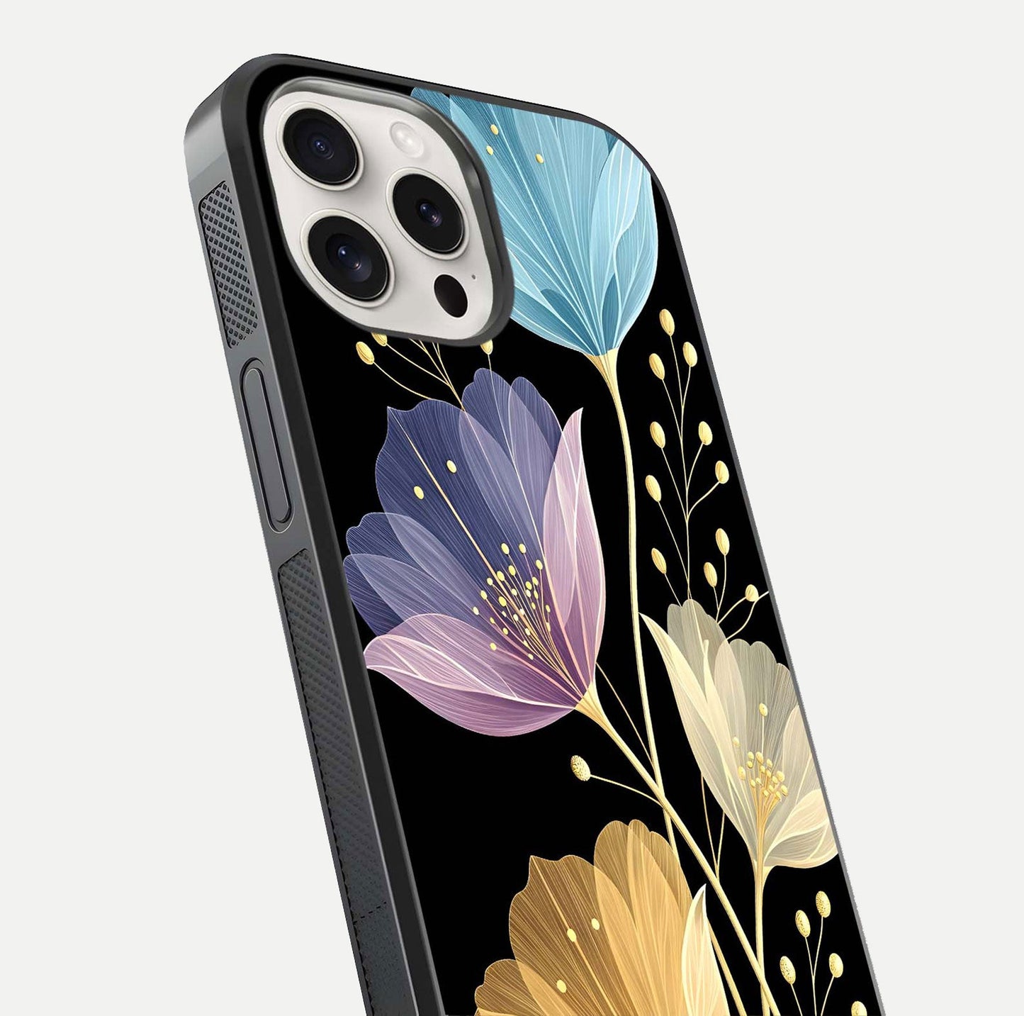 Flower Bloom Glow Glass Case for iPhone 15 Pro Max close-up highlighting bloom detail and reflection polish