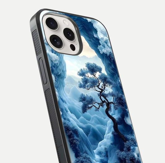 Frozen Serenity Gate Glass Case for iPhone 15 Pro Max close-up highlighting frosted texture and reflection tone