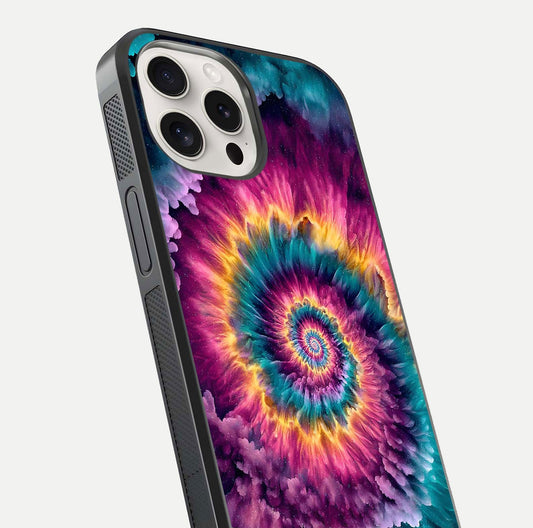 Galactic Spiral Burst Glass Case for iPhone 15 Pro Max close-up angled shot showing spiral burst detail, neon tones, and glossy reflection