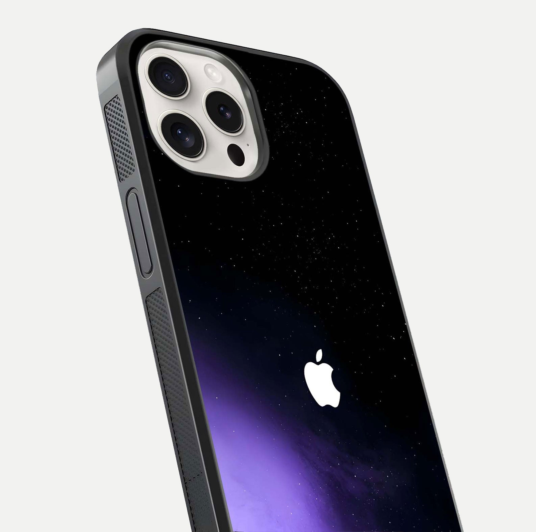 Galaxy Apple Aura Glass Case for iPhone 15 Pro Max close-up angled shot showing aura lighting and reflection polish