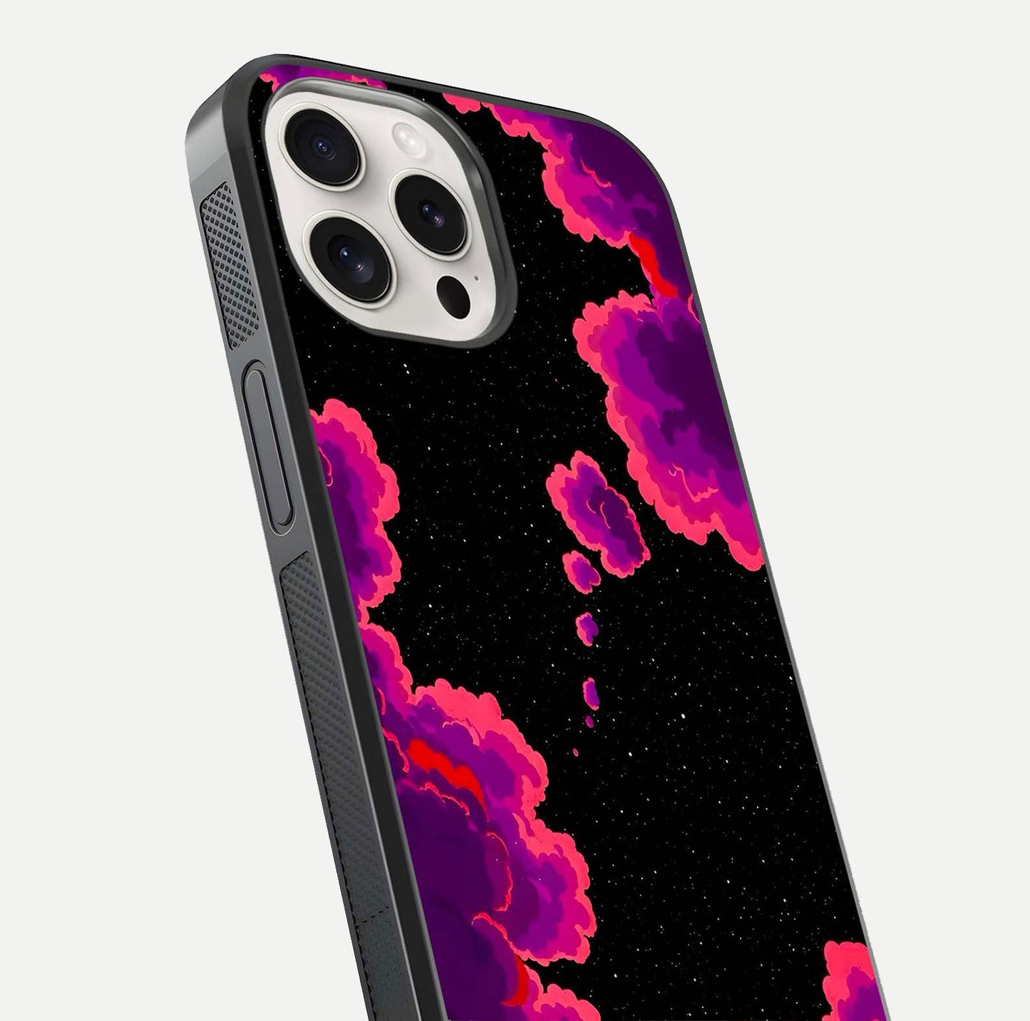 Galaxy Dream Frame Glass Case for iPhone 15 Pro Max close-up angled shot showing nebula patterns and reflection glow