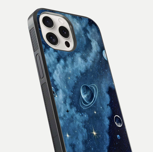 Galaxy Dream Space Glass Case for iPhone 15 Pro Max close-up angled shot highlighting nebula details and reflection shine