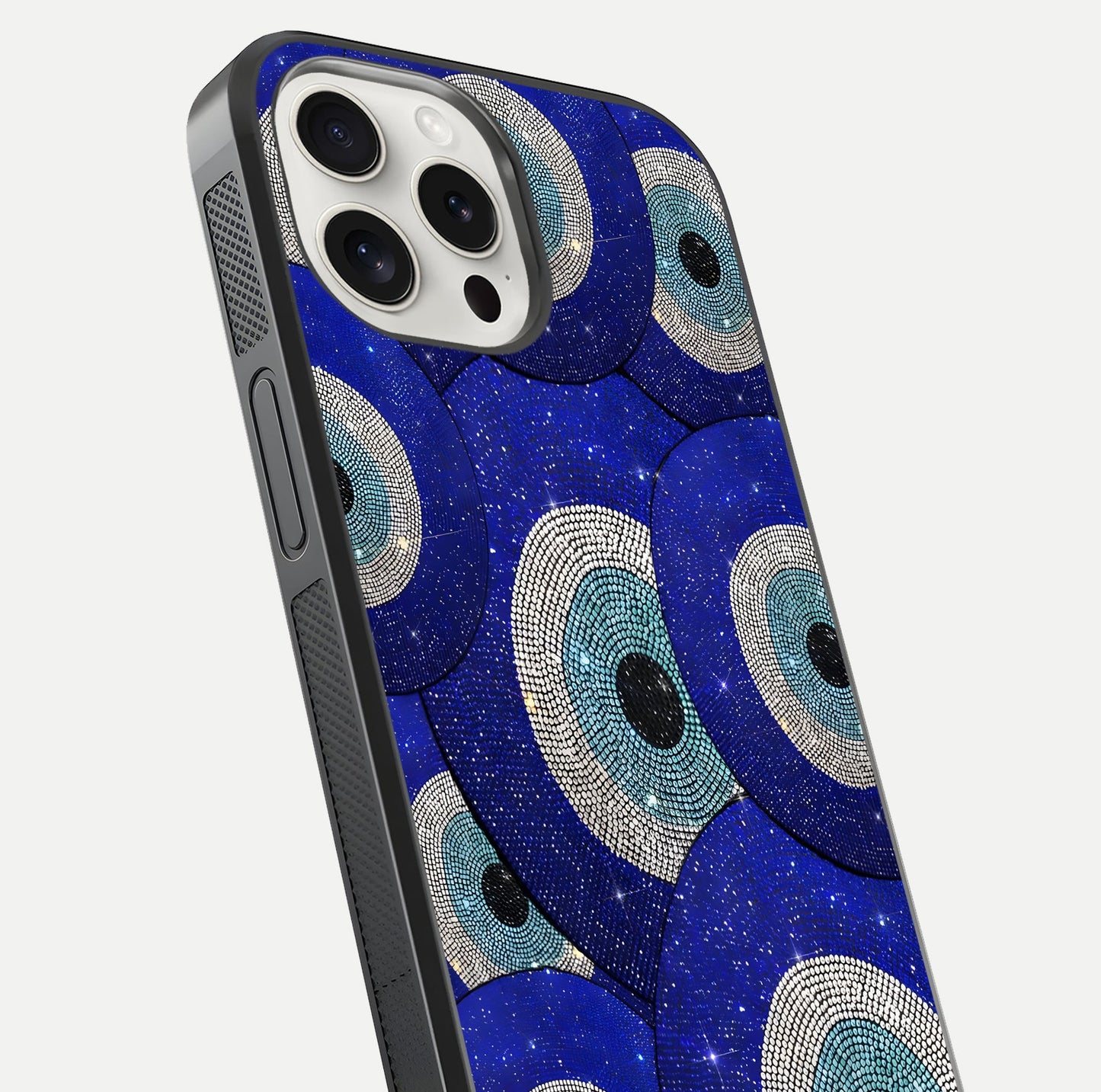 Galaxy Eye Flow Glass Case for iPhone 15 Pro Max close-up angled shot showing vivid swirl detail and reflection brightness