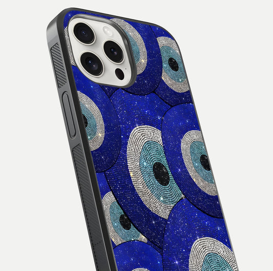 Galaxy Eye Flow Glass Case for iPhone 15 Pro Max close-up angled shot showing vivid swirl detail and reflection brightness