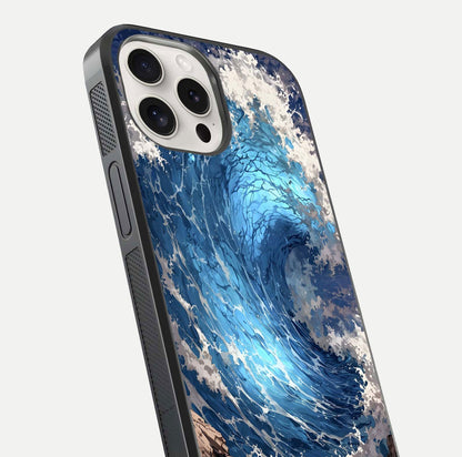 Giant Ocean Wave Glass Case for iPhone 15 Pro Max close-up angled shot showing wave texture and water reflection shine
