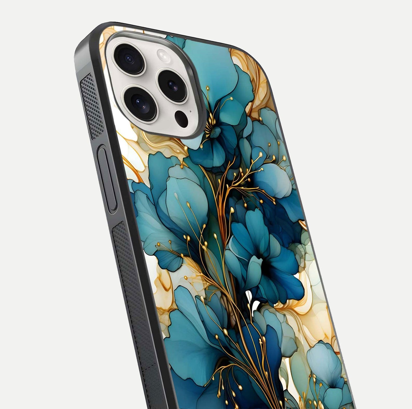 Golden Bloom Symphony Glass Case for iPhone 15 Pro Max close-up angled shot showing detailed petals and metallic gold reflection