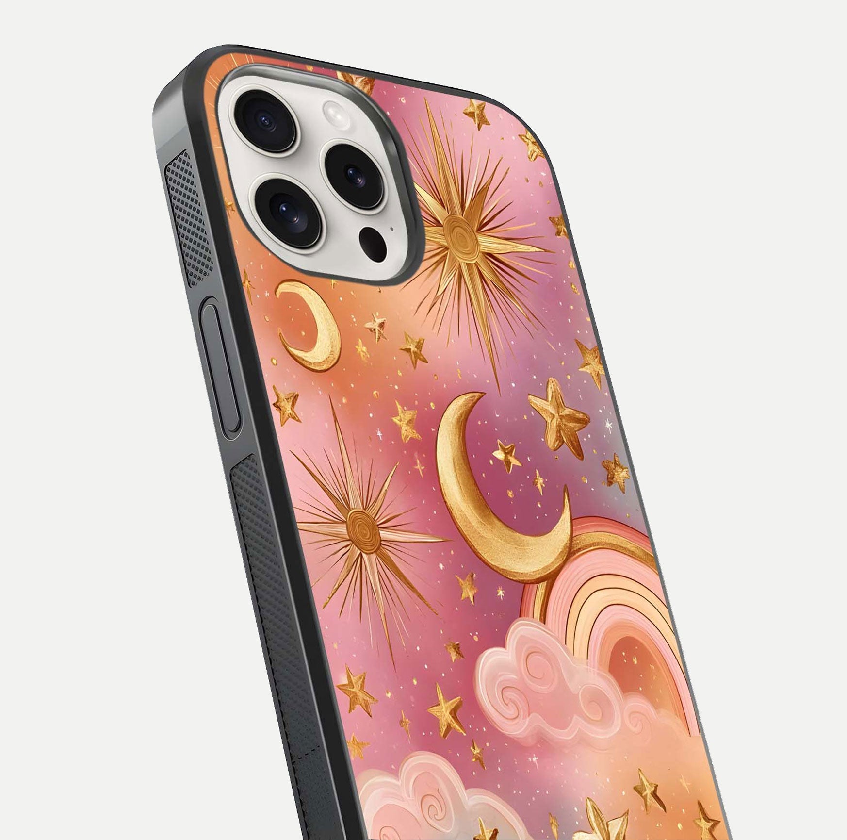 Golden Celestial Dreams Glass Case for iPhone 15 Pro Max close-up angled shot showing cosmic gold tones and reflection shine