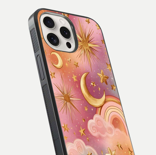 Golden Celestial Dreams Glass Case for iPhone 15 Pro Max close-up angled shot showing cosmic gold tones and reflection shine