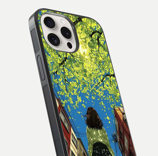 Golden Leaves Glow Glass Case for iPhone 15 Pro Max close-up angled shot showing fine leaf texture and reflection shine