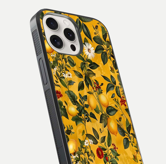 Golden Lemon Field Glass Case for iPhone 15 Pro Max close-up angled shot showing citrus texture and reflection brilliance