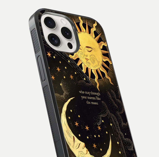Golden Lunar Love Glass Case for iPhone 15 Pro Max close-up angled shot showing moon glow, texture, and reflection polish
