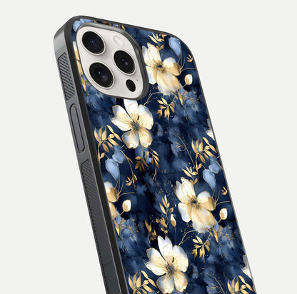Golden Midnight Bloom Glass Case for iPhone 15 Pro Max close-up angled shot showing floral detail and reflection shine