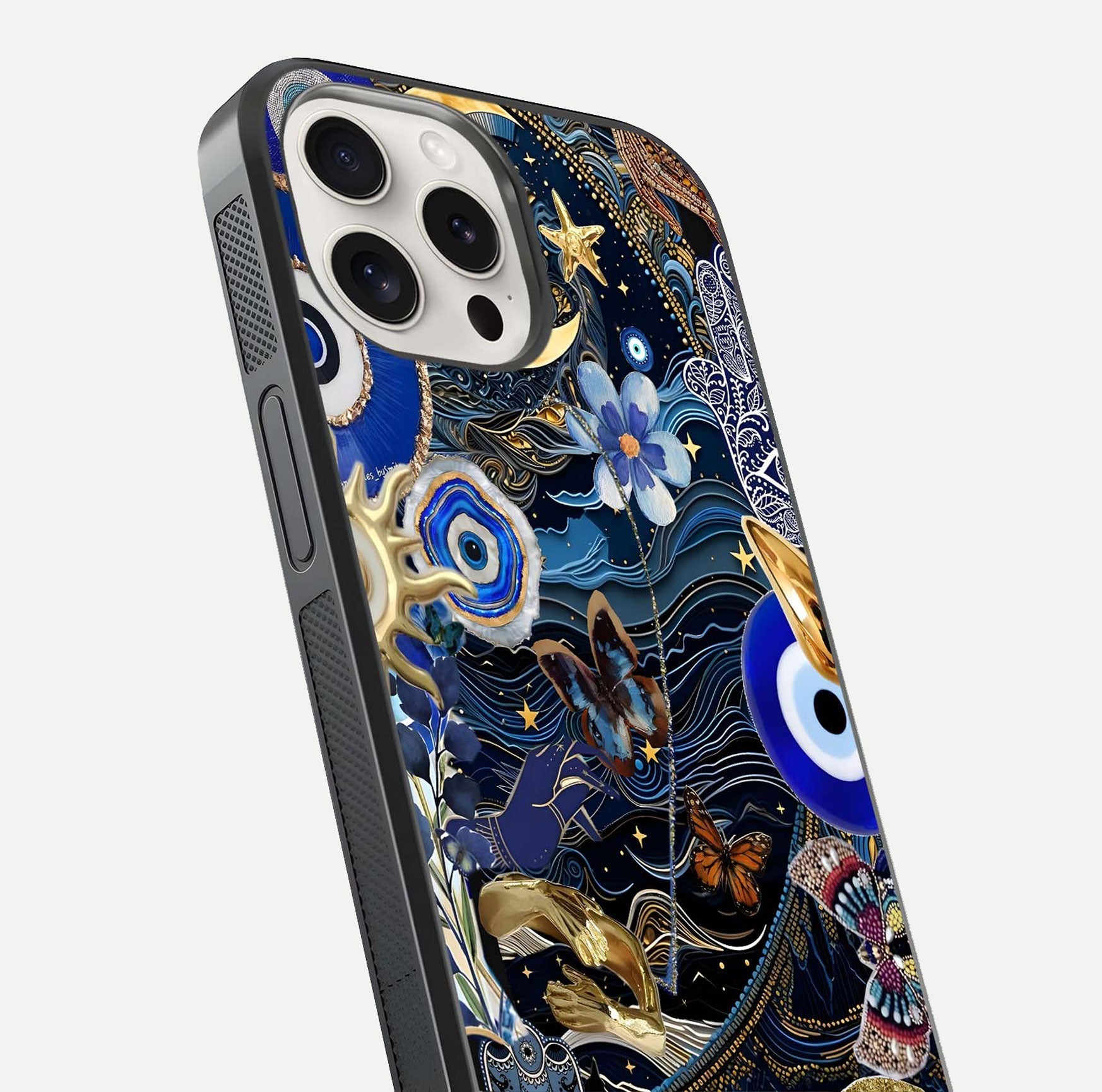 Golden Moon Magic Glass Case for iPhone 15 Pro Max close-up angled shot showing lunar glow, star detail, and reflection brightness