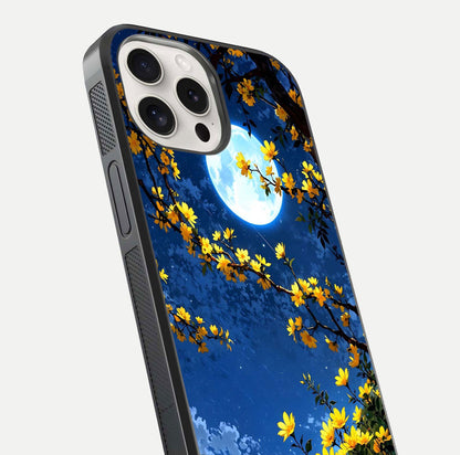 Golden Night Glow Glass Case for iPhone 15 Pro Max close-up angled shot showing shimmer texture and light reflection