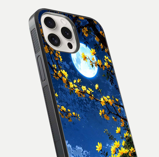 Golden Night Glow Glass Case for iPhone 15 Pro Max close-up angled shot showing shimmer texture and light reflection
