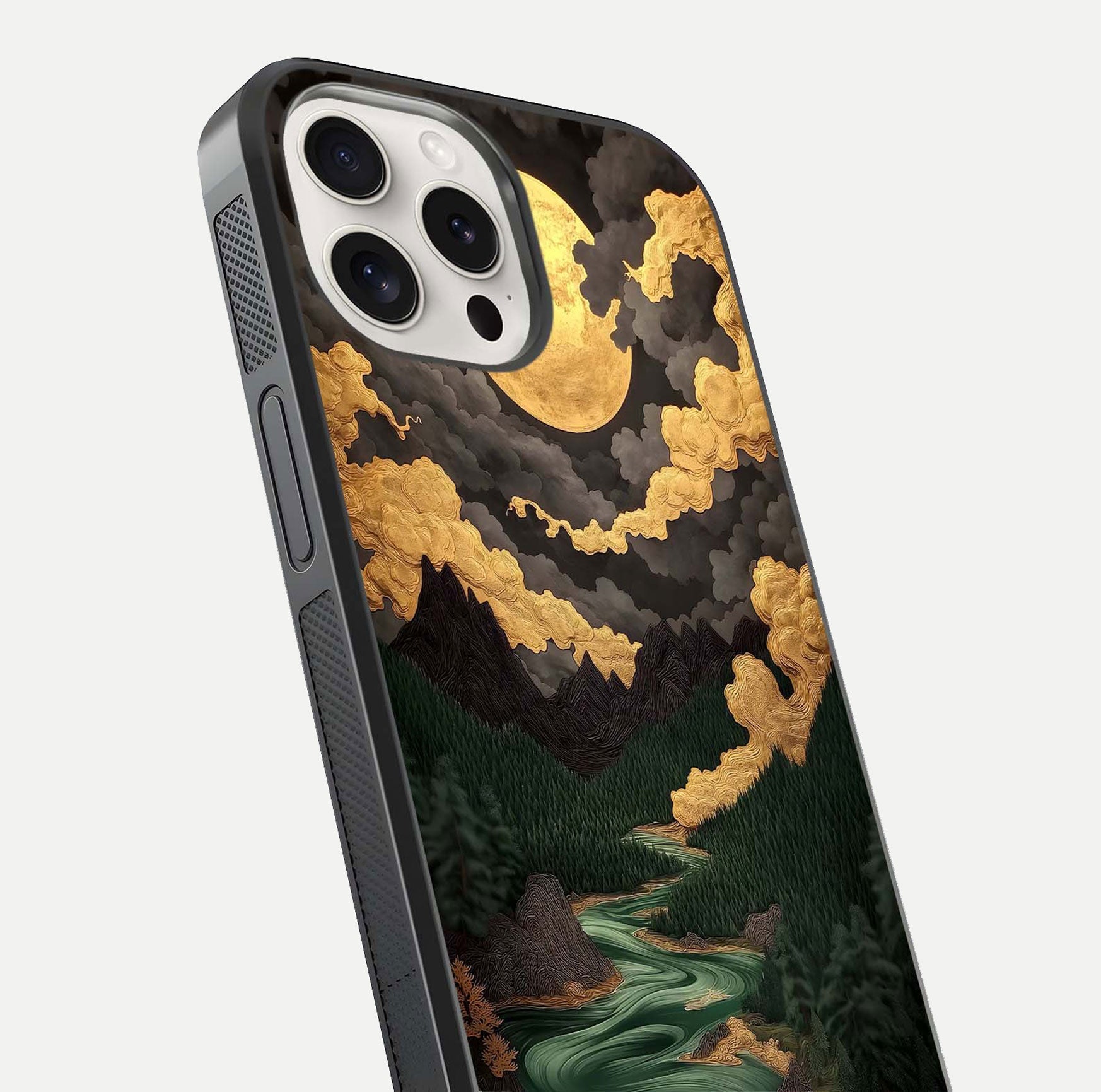 Golden River Moon Glass Case for iPhone 15 Pro Max close-up angled shot showing moon reflection and water shine