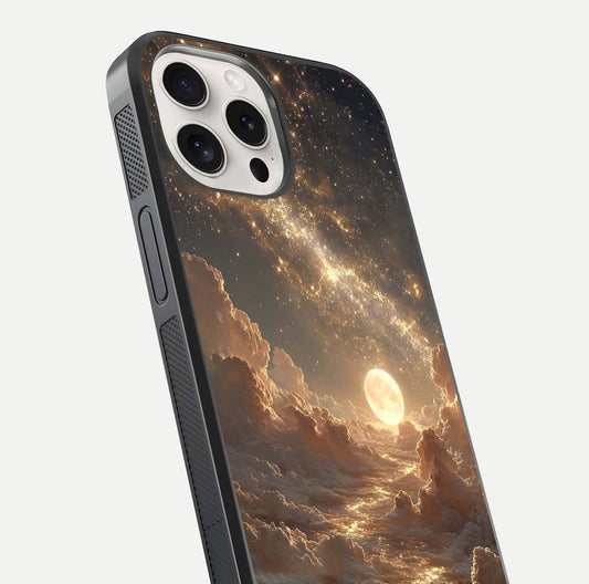 Golden Sky Dream Glass Case for iPhone 15 Pro Max close-up angled shot showing gradient tones and reflection polish
