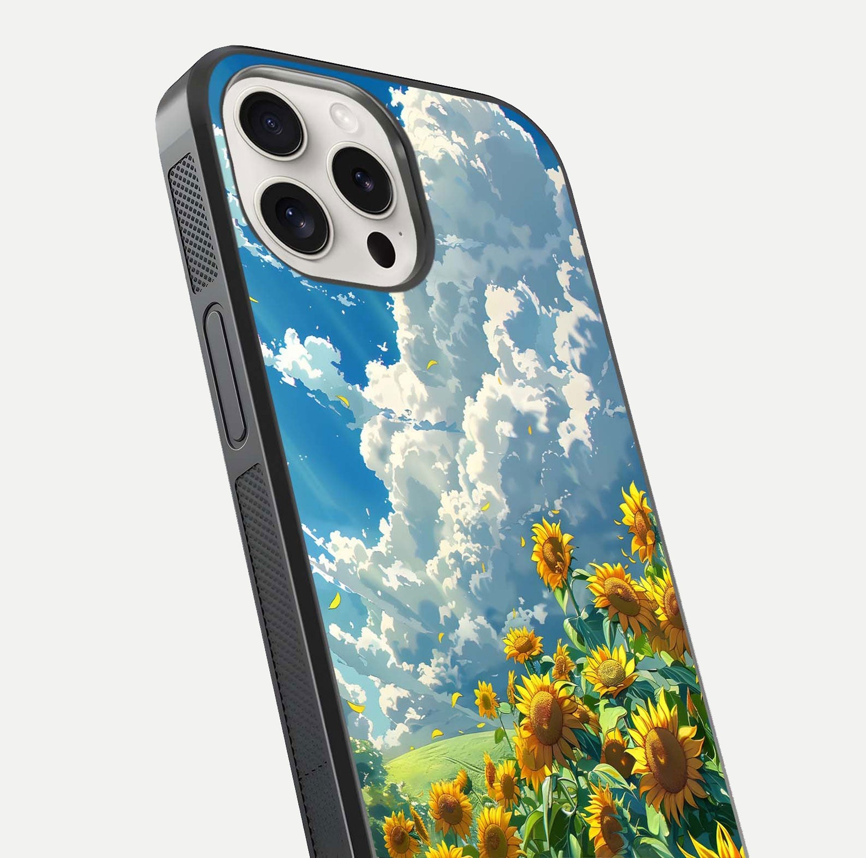 Golden Sun Glory Glass Case for iPhone 15 Pro Max close-up angled shot showing sunlight reflection and gold detailing