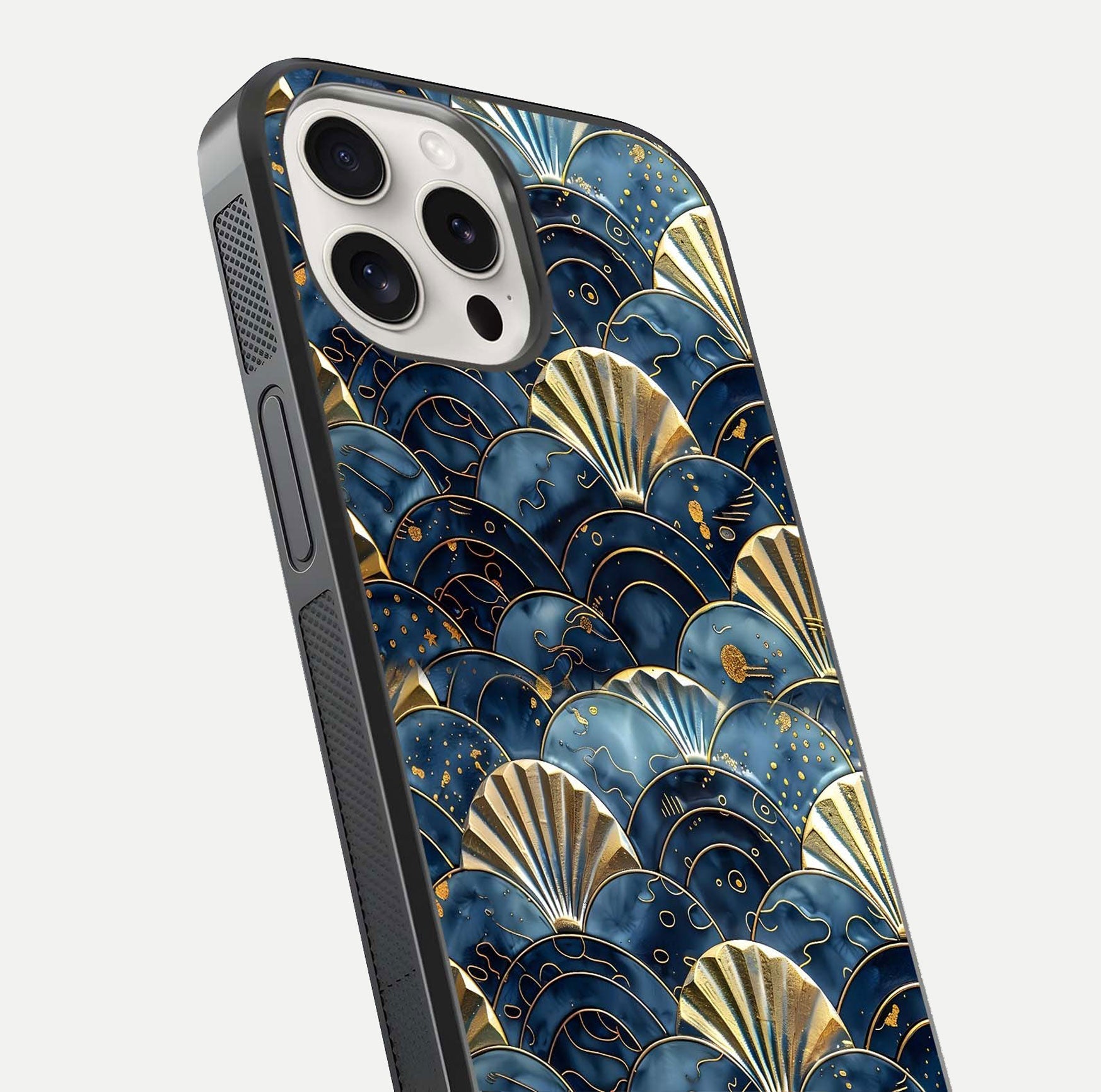 Golden Wave Luxe Glass Case for iPhone 15 Pro Max close-up angled shot showing flowing wave texture and reflection brightness