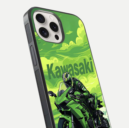 Green Kawasaki Glass Case for iPhone 15 Pro Max close-up angled shot showing sporty line details and reflection shine