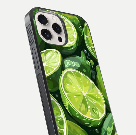 Green Lemon Glass Case for iPhone 15 Pro Max close-up angled shot showing lemon slice texture and reflection brightness