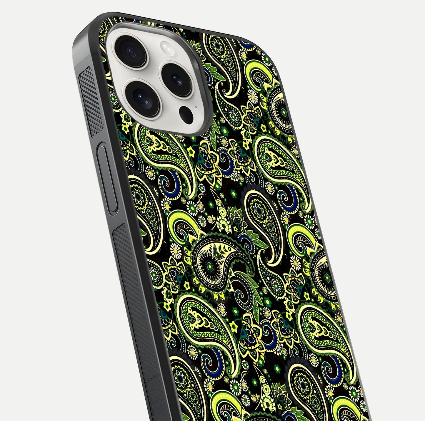 Green Mandala Pattern Glass Case for iPhone 15 Pro Max close-up angled shot showing fine detailing and gold-green reflection