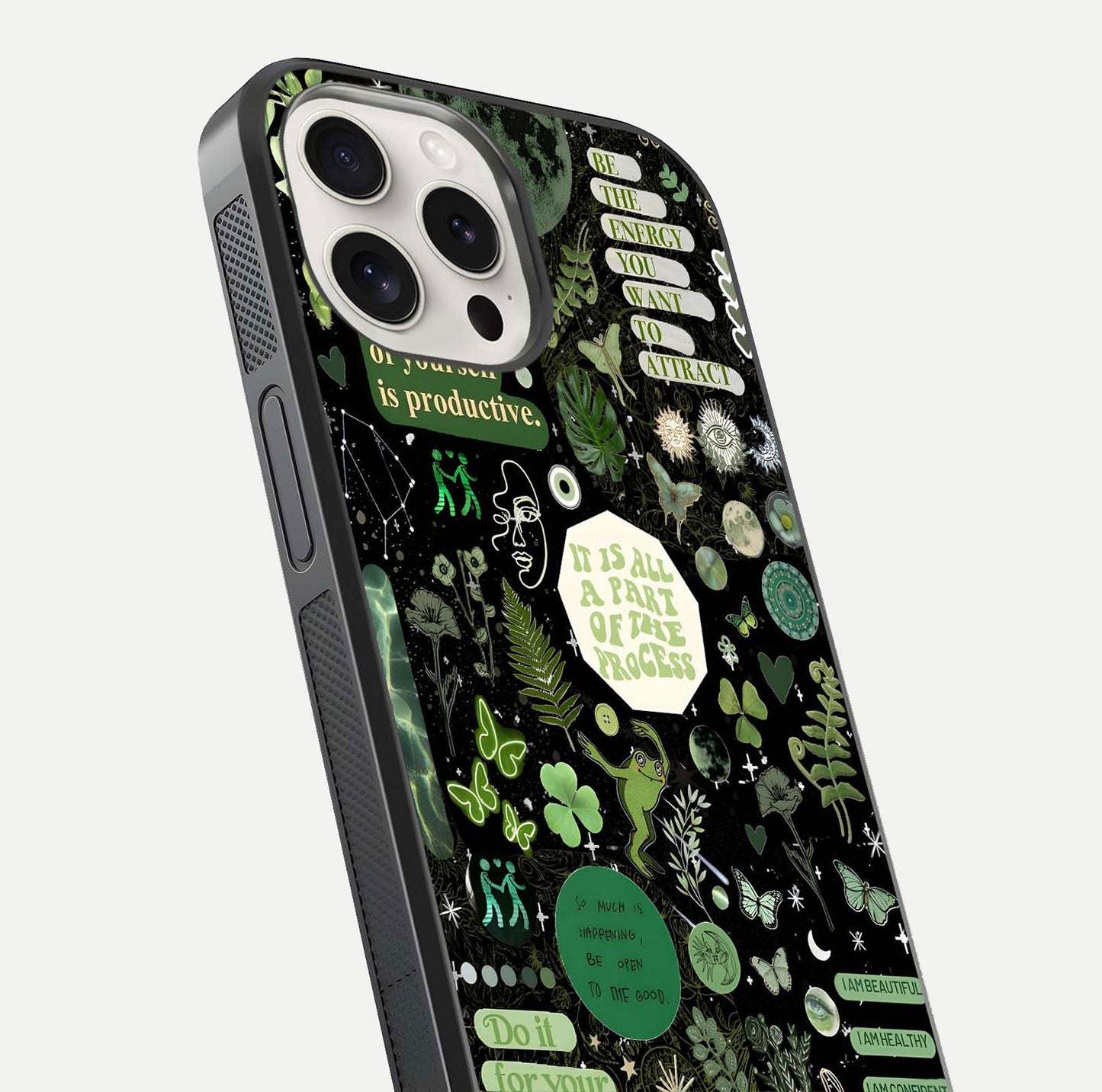 Green Moon Energy Glass Case for iPhone 15 Pro Max close-up angled shot showing glowing lunar detail and reflection shine
