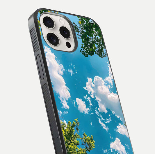 Greenery Sky Glass Case for iPhone 15 Pro Max close-up angled shot showing leafy tones and reflection brightness
