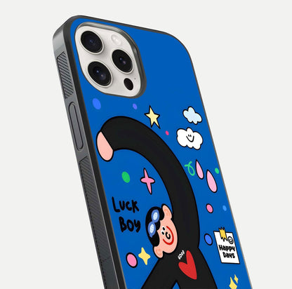 Happy Luck Vibe Glass Case for iPhone 15 Pro Max close-up angled shot showing color details and reflection shine